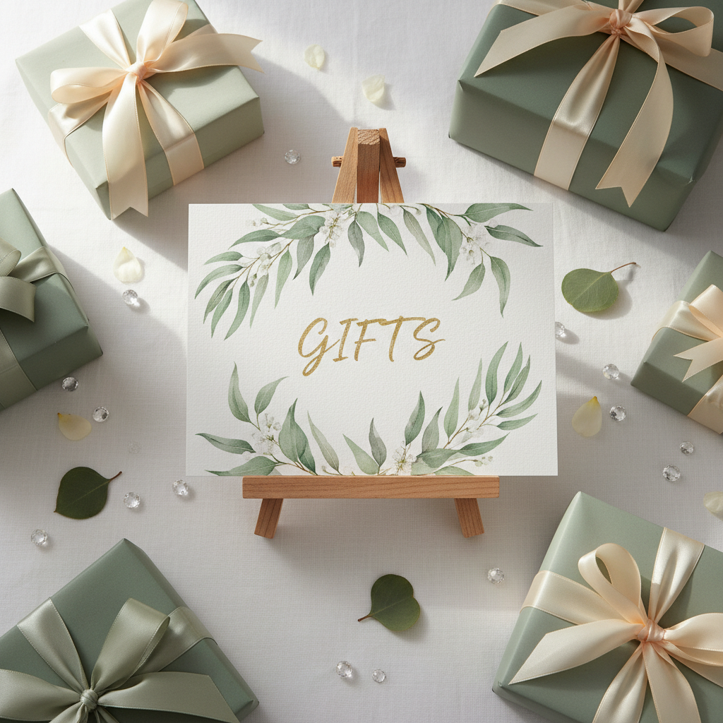 Bridal Shower Gift Sign Eucalyptus Table Display on a Budget: How to Get a Stunning Gift Table Without Spending a Fortune