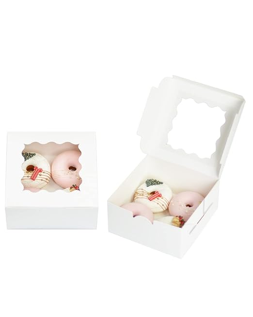 Bakepacker 100pcs White Cookie Boxes 6x6x3 inches Easy Assemble Macaroon Pastry Boxes Bakery Boxes with Window for Bakery