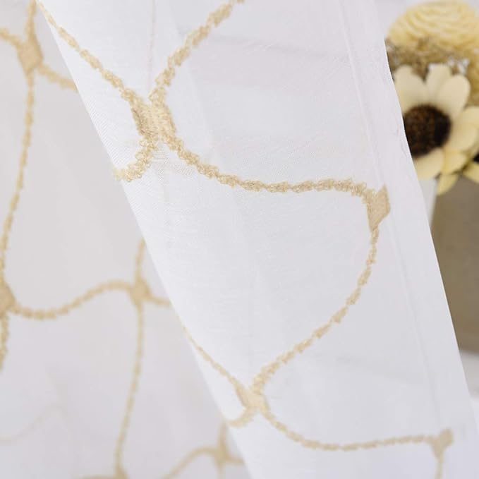 Embroidered Wave Diamond Sheer Curtains Gold 63 Inch Length, Rod Pocket Voile Drapes for Living room, Bedroom, Window Treatments Semi Curtain Panels for Yard, Patio, Villa, Parlor, Set of 2, 52"x 63".