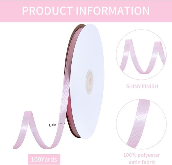 TONIFUL 1/4 Inch x 100yds Baby Pink Satin Ribbon, Thin Solid Color Satin Ribbon for Gift Wrapping, Crafts, Hair Bows Making, Wedding Party Decoration, Invitation Cards, Floral Bouquets