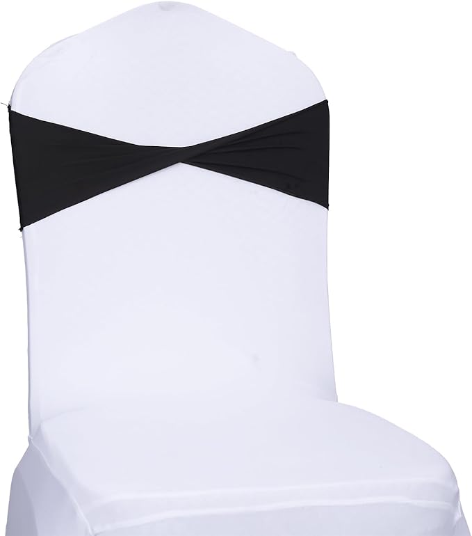 MDS Pack of 50 Spandex Chair Sashes Bows Elastic Stretch Dining Chair Bands Ties Without Slider Buckle Universal fits for Wedding Baby Shower Birthday Party Banquet Event Decoration - Black