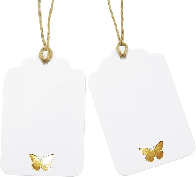 100Pcs Blank Gift Tags with String, Foil Gold Butterfly Large Gift Tags with 65 Ft Jute Twine White Paper Cute Tags for Birthday Baby Shower Wedding Party Gift Wrap Tags