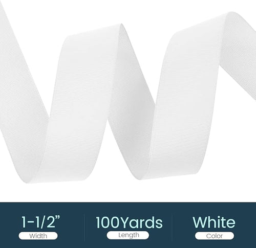 1-1/2" X 100 Yards White Grosgrain Ribbon, Premium Grosgrain Ribbon for Sewing, Gift Wrapping, Bow Making, Wedding Decor, Wrapping and More (White)