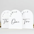 JINMURY White Arch Wedding Table Numbers 1-20 with Stands, 5x7 Inch Acrylic Arch Sign with Black Lettering, White Acrylic Table Numbers for Wedding Reception