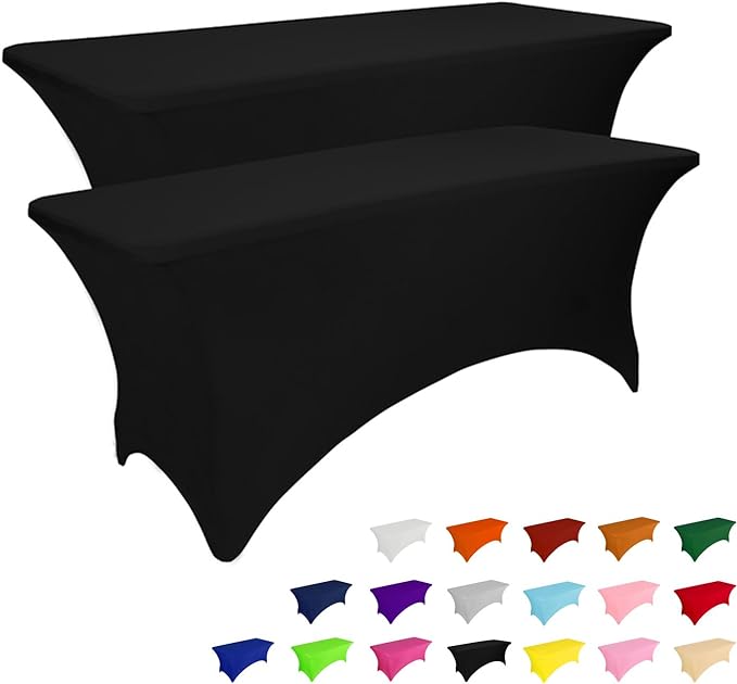 IVAPUPU 2 Pack 8FT Table Cloth for Rectangular Fitted Events Stretch Black Table Covers Washable Spandex Tablecloth Protector for Party, Wedding, Cocktail, Banquet, Festival