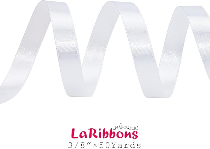 LaRibbons White Satin Ribbon 3/8 Inch 50 Yards Thin Luxury Double Faced Silk Ribbon for Flower Bouquet Crafts Gift Wrapping Wedding Christmas Decoration