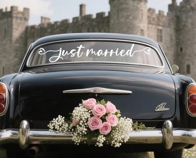 Just Married Car Decal – Wedding Bumper Sticker for Newlyweds, Unique Wedding Car Decoration (28 x 4.7 Inch)