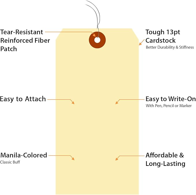 SmartSign Blank Manila Shipping Tags with Wire, Size-8, Pack of 100, 13pt Thick Prewired Cardstock Tag, 6.25 x 3.125 inch Paper Hang Tags with Reinforced Fiber Patch
