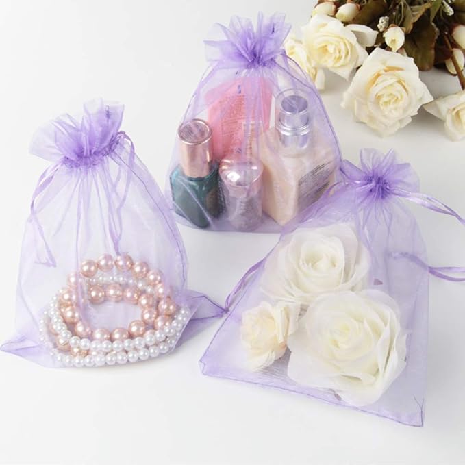Wudygirl 100pcs Sheer Organza Bag 5 x 7 Inch Lavender Drawstring Transparent Jewelry Pouches Lipstick Baby Shower Party Wedding Holidays Favor Candy Bags(Lilac 5x7'')
