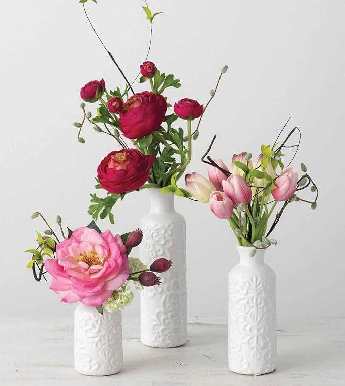 Sullivans Small White Embossed Ceramic Vase Set of 3, Matte Finish, Vases for Decor Modern Home Centerpieces, Mantle Tabletop for Living Room, Bedroom, Kitchen, Entryway Decor