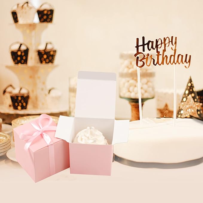 COTOPHER 60pcs Small Gift Boxes, Favor Boxes 2x2x2 inches Paper Gift Boxes with Ribbons Candy Box for Wedding Favors Baby Shower Bridal Shower Birthday Party (60pcs 2x2x2, Pink)