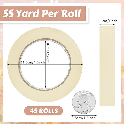 Masking Tape Bulk General Purpose Masking Painting Tape 55 Yards for Painting Home Office School Stationery Arts Crafts Basic Use, Easy Removal(45 Rolls,1 Inch)