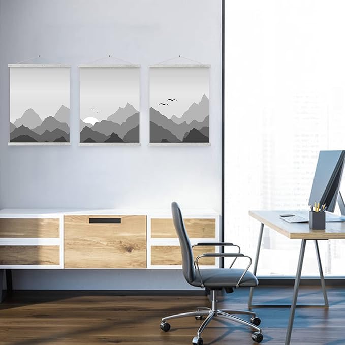 Magnetic Poster Hanger, 21x21 21x15 21x27 Poster Frame Wood Wooden Magnet Print Posters Dowel Scroll Hanger Hangers Hanging Kit for Walls Map Canvas Artwork (Grey, 21")