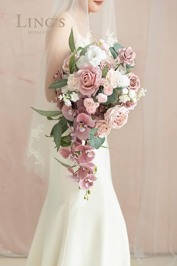 Ling's moment Dusty Rose Bridal Bouquet Cascading, Pink Wedding Bouquets for Bride, 15 Inch Bride Bouquet Orchids Artificial Wedding Flower Bouquet