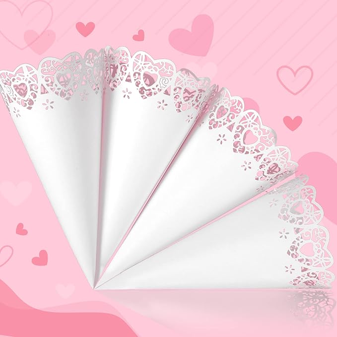 GWHOLE 100 Pcs Wedding Confetti Cones, Heart Paper Petal Cone for Wedding Party, White