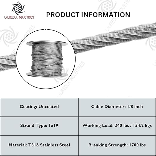 Laureola 1/8" Type-1x19 Grade-316 Stainless Steel Cable Railing Wire Rope - 400ft