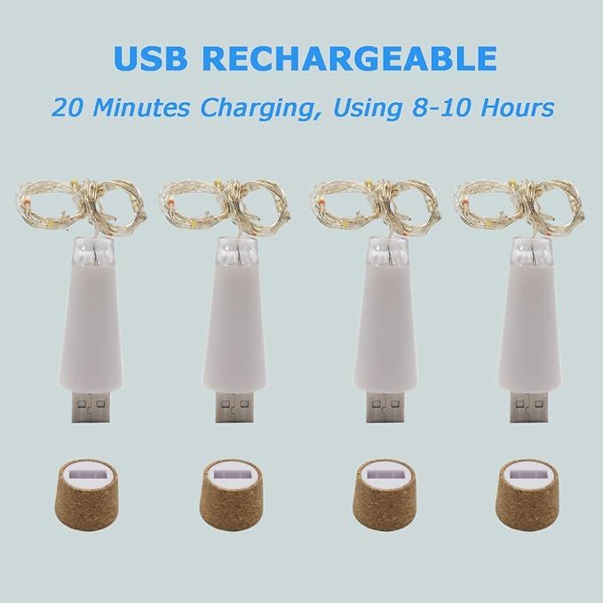 NeoJoy Wine Cork Lights, Rechargeable Bottle Fairy String Lights with 15 LED for DIY Artificial Parties Centerpiece Bedroom Decoration Gift (Warm White, 4PCS)