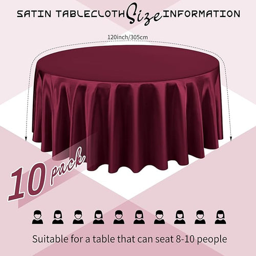 10 Packs Satin Tablecloth 120 Inch Burgundy Round Table Cloth Silk Tablecloth Smooth Fabric Overlay Satin Table Cover Decoration for Wedding Party Banquet Events