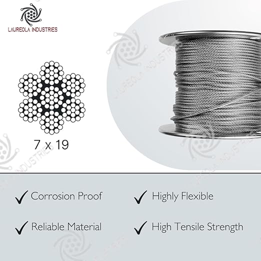 Laureola 1/8" 7x19 Stainless Steel Aircraft Wire Rope 304 Grade (600ft)