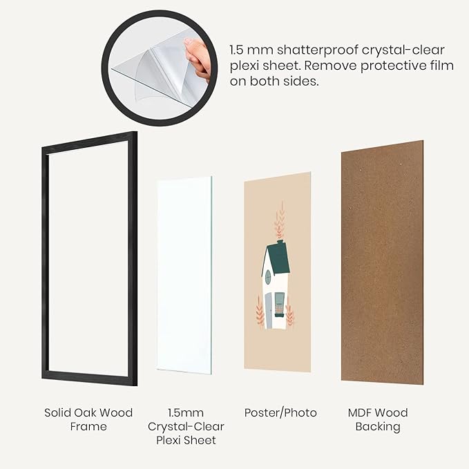 Opposite Wall - 20x30 in - Black Solid Oak Wood Picture Frame - Lightweight, Versatile & Shatterproof - Wall Hanging Poster or Photo Frame - Wall Decor for Office, Gallery & Home