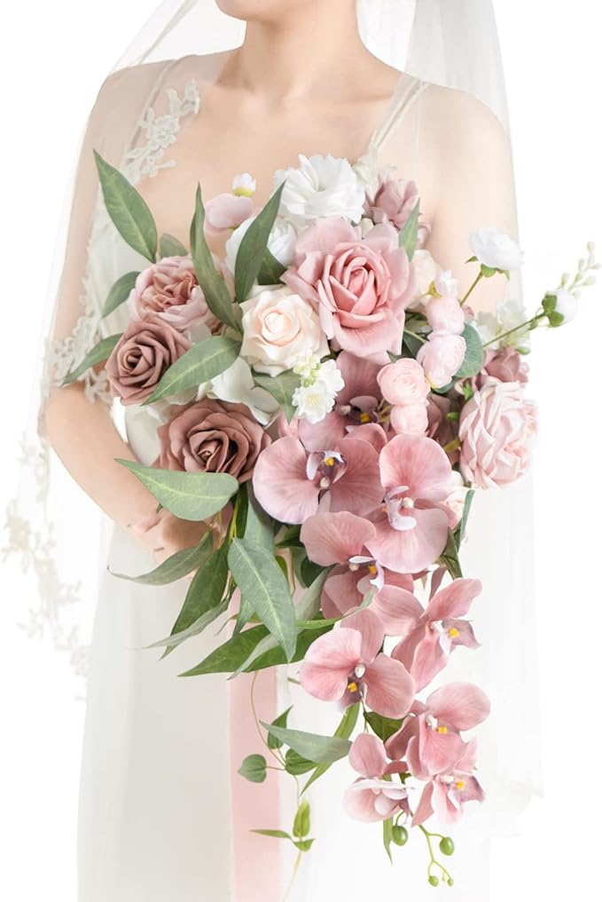 Ling's moment Dusty Rose Bridal Bouquet Cascading, Pink Wedding Bouquets for Bride, 15 Inch Bride Bouquet Orchids Artificial Wedding Flower Bouquet