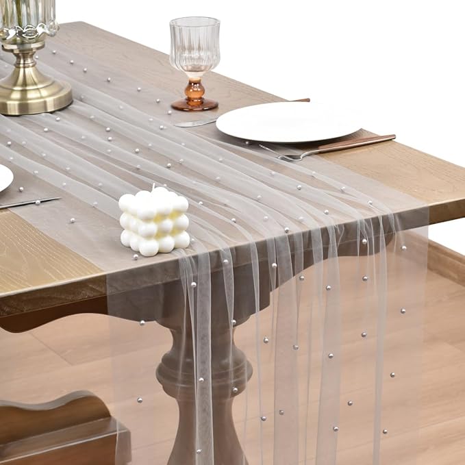 Joanlody Fall Pearl Table Runner 10ft Rustic Boho Tulle Table Runner with Pearls for Baby Shower Wedding Party Veil Dessert Thanksgiving Table Decor Gray 4pcs