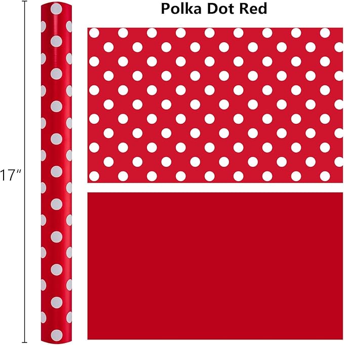 Burymento Red and White Dots Wrapping Paper, Reversible Pink Gift Wrap for Birthday, Valentines, Mothers day, Graduation, Wedding, Fathers day, Baby Shower, Christmas (17in x 32.8ft)