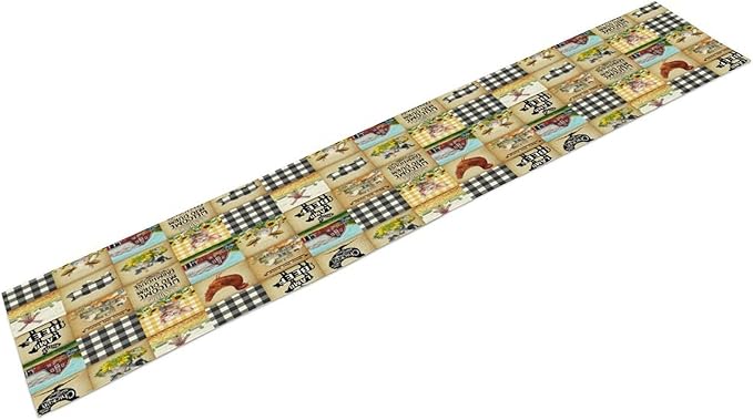 Farmhouse Animals Table Runner,Rustic Cabin Pig Chicken Cow Sunflowers Geometric Grids Burlap for Hotel Indoors Outdoor Dining Room Kitchen Holiday Party, 13x90in