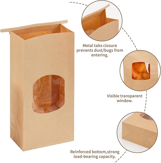 Moretoes 100pcs Medium Bakery Cookie Bags with Window, 4.5x2.36x9.6in Tin Tie Tab Kraft Paper Bags for Cookie Coffee Bread Bakery Packing
