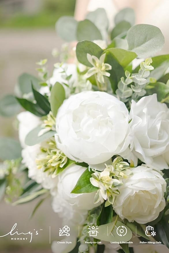 Ling's moment White Bridal Bouquet Cascading, White Wedding Bouquets for Bride, 13 Inch Ivory Bride Bouquets for Wedding Artificial Flowers Bouquets
