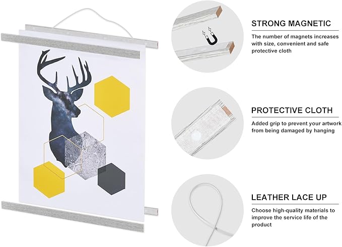 Magnetic Poster Hanger, 16x20 16x24 16x22 Poster Frame Wood Wooden Magnet Print Posters Dowel Scroll Hanger Hangers Hanging Kit for Walls Map Canvas Artwork (Grey, 16")