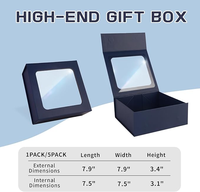 Blue Gift Boxes with Window,7.5"x7.5"x3.1" Bridesmaid Boxe for Gift Giving,Birthday Gift Box with Magnetic,Closure Lid Gift Boxes for Presents,Cute Boxe,Luxury for Gift Packaging,Gift Box for Wrapping Gifts
