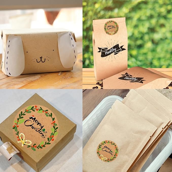 100-1000pcs Custom Stickers Merry Christmas Stickers Personalized Labels Adhesive Xmas Decorative Envelope Seals Stickers for Cards Gift Boxes(Round Kraft-2)