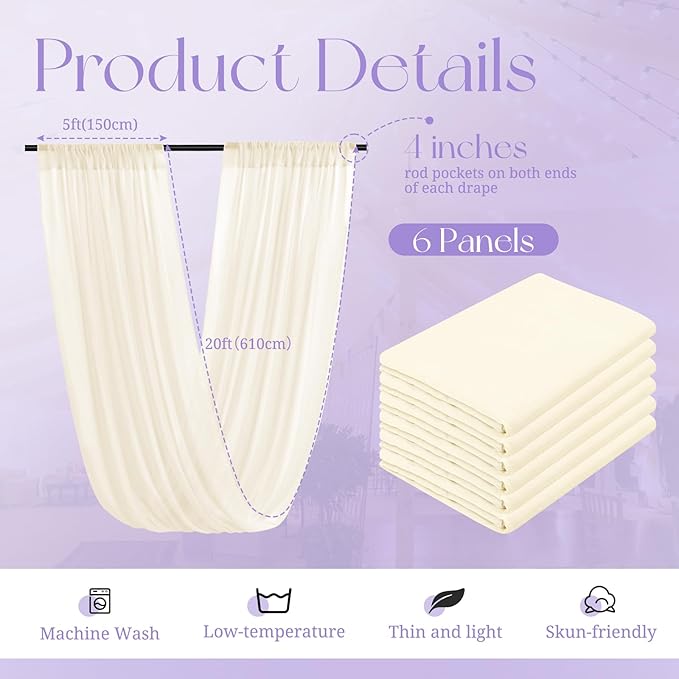 6 Panels Ivory Wedding Drapes, 5ftx20ft Cheesecloth Sheer Fabric Curtain Arch Draping Fabric for Wedding Party Ceremony Stage