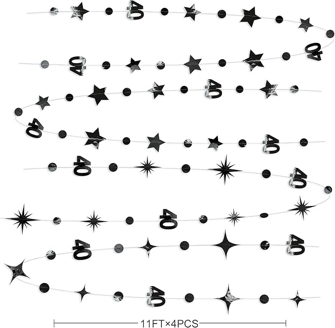 Black 40th Birthday Decorations Number 40 Circle Dot Twinkle Star Garland Metallic Hanging Streamer Bunting Banner Backdrop for Women Mens 40 Year Old Birthday Forty Anniversary Party Supplies