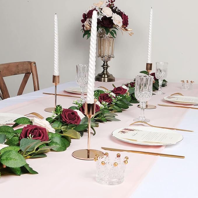 ponatia 6.5FT Handcrafted Artificial Rose Flower Garland, Eucalyptus Greenery Garland for Wedding Ceremony Garlands Backdrop Arch Flowers, Reception Table Decorations (Burgundy & Ivory Cream)