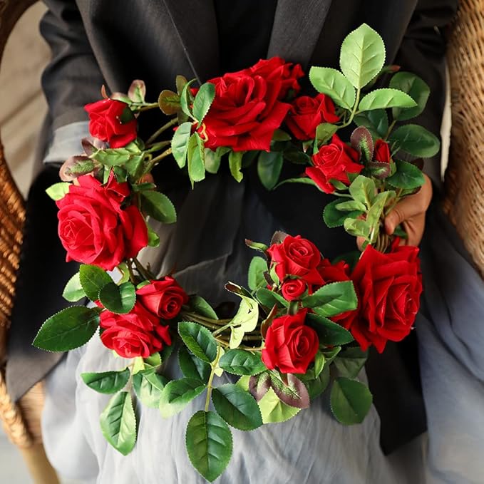 Veryhome Rose Vine Artificial Flower Garland Fake Hanging Rose Ivy Plants 6ft for Wedding Home Party Garden Arrangement Decor Pack of One (Red)