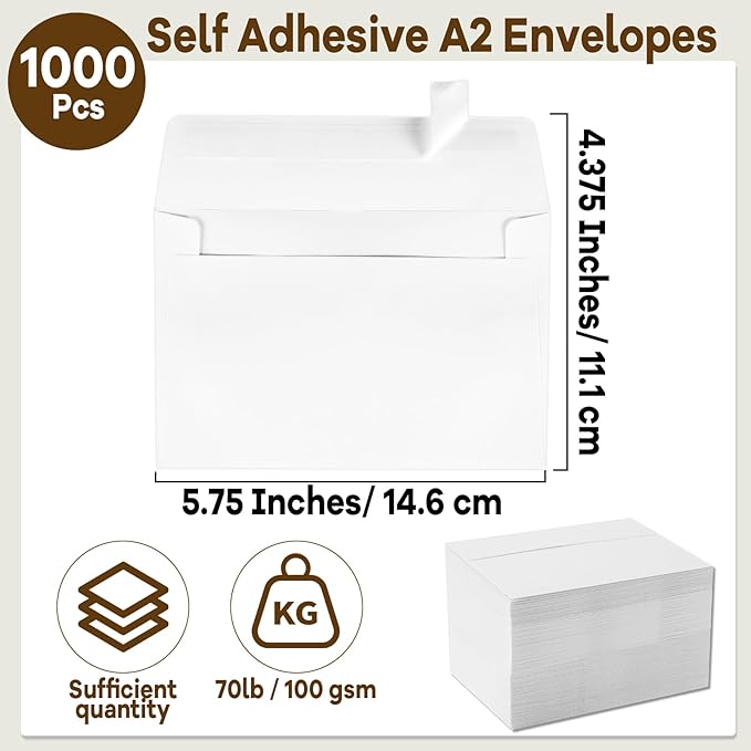 gisgfim 1000 Pcs A2 Envelopes 4.375x5.75 Inches Self Adhesive Invitation Envelopes for 4x5 Cards Printable Mailing Mailers Bulk for Wedding Baby Shower Postcard Photo Thank Notes Greeting Card