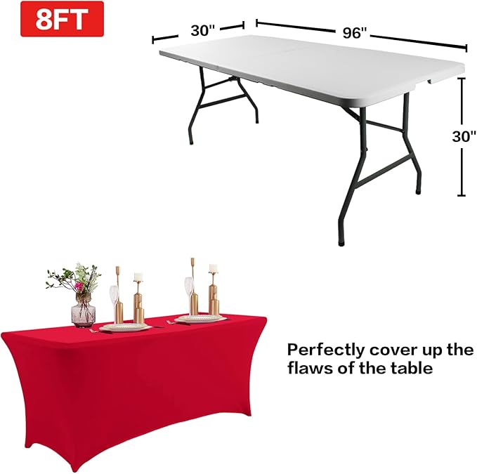 IVAPUPU 4FT Table Cloth for Rectangular Fitted Events Stretch Red Table Covers Washable Cover Spandex Tablecloth Protector for Party, Wedding, Cocktail, Banquet, Festival