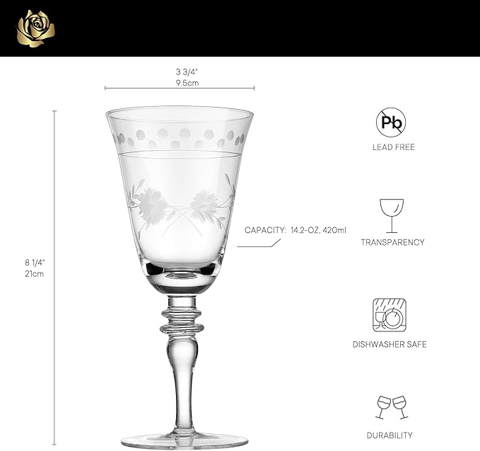 Premium Delight Wine Glasses Set of 4, 14.2 oz – Hand-Blown with Etched Long Stem, Classic Glassware for Weddings, Dinners, and Holiday Gifting (Vintage Wine Glasses)