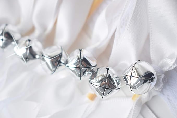Kingsnow 50 Pack White Lace Ribbon Wands Wedding Streamers with Silver Bells, Silk Fairy Stick Wish Wands for Wedding Send off Party Activities Holiday Celebration