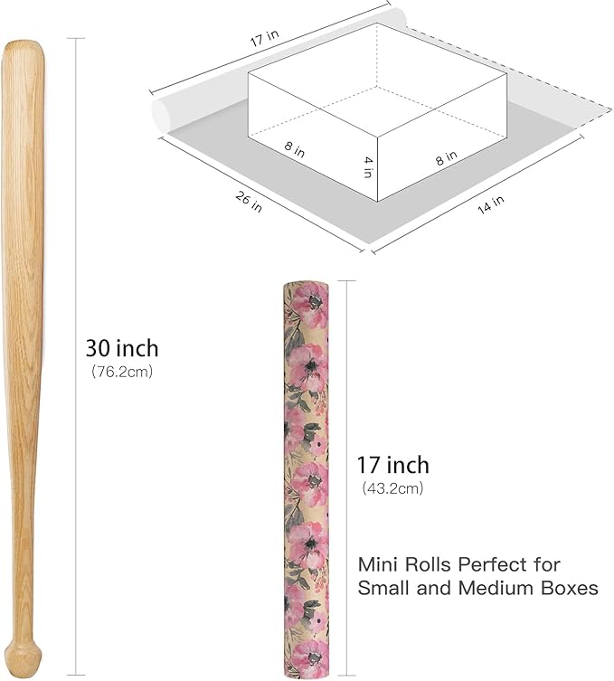 RUSPEPA Pink Wrapping Paper Roll, 17 in x 16.4 ft, Mini Roll, Floral Wrapping Paper, Kraft Gift Flower Paper for Women, Girls, Spring, Summer, Wedding and Engagement