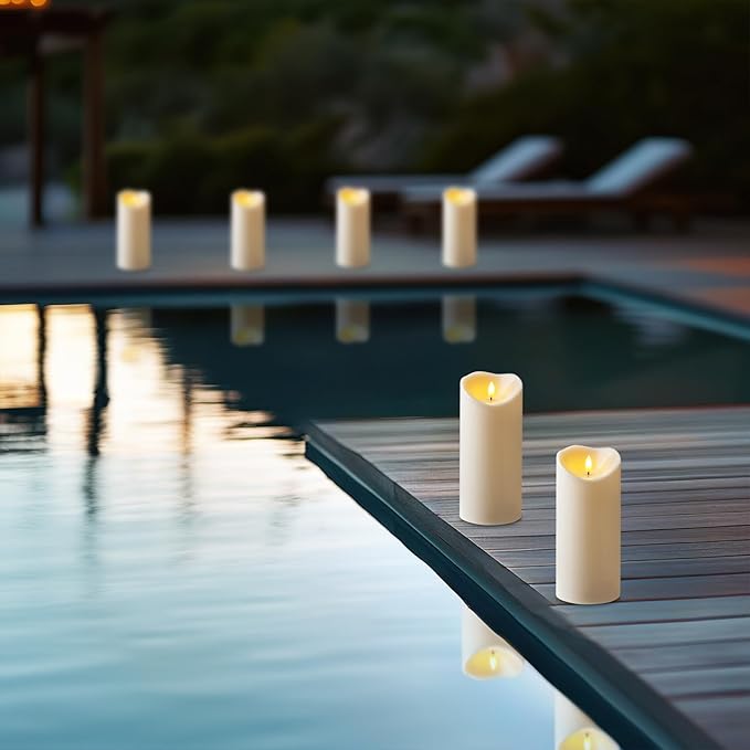 Amagic 4” x 9” Large Outdoor Waterproof Flameless Candles with Remote, Battery Operated Candles with Timer, Flickering Fake LED Pillar Candle for Patio Yard Porch Decor, Ivory White, Set of 2
