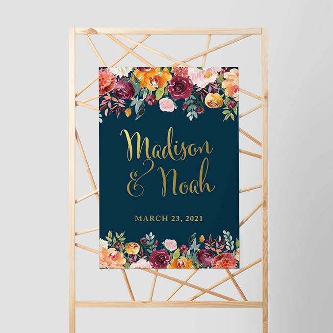Andaz Press Personalized Extra Large Wedding Easel Board Party Sign, 12x18-inch, Fall Autumn Orange Burgundy Coral Roses on Navy Blue, Bride Groom Names and Date, 1-Pack, Custom