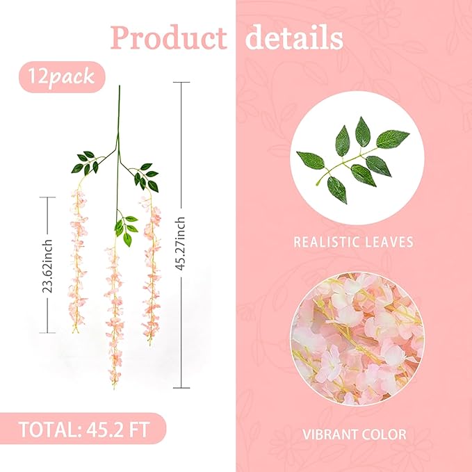 12 Pack Light Pink Wisteria Hanging Flowers Garland, 3.77 Feet Artificial Flower Vines, Fake Wisteria, Artificial Vines Hanging Garland for Backdrop Outdoor Yard Garden Decor
