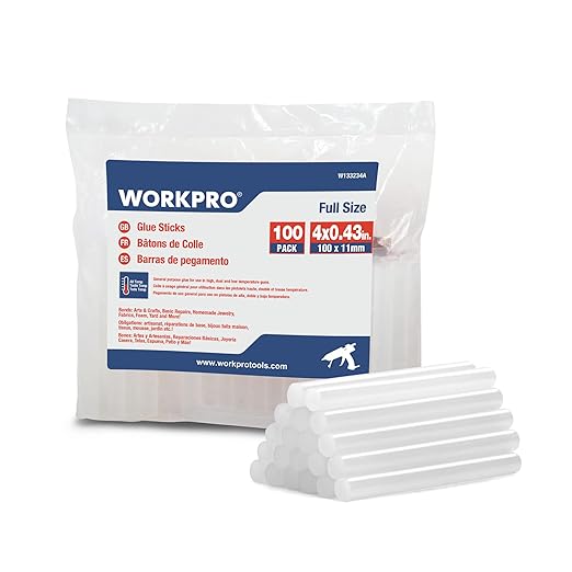 WORKPRO Full Size Hot Glue Sticks, 100-pack, 0.43x4 Inches, Compatible with Most Glue Guns, Multipurpose for DIY Art Craft General Repairs, Home Decorations and Gluing Projects
