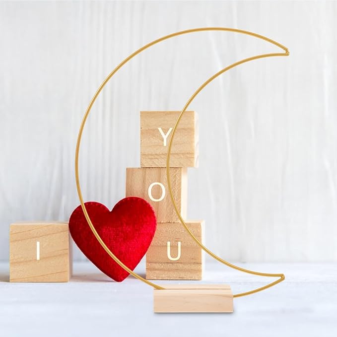 Dining Table Decor 10 Sets Metal Floral Hoop Moon Shaped Metal Wreath Ring Stand with Wood Holder Centerpiece Table Decor for DIY Xmas Wedding Table Decor Flower Garlands (Moon,26x20cm