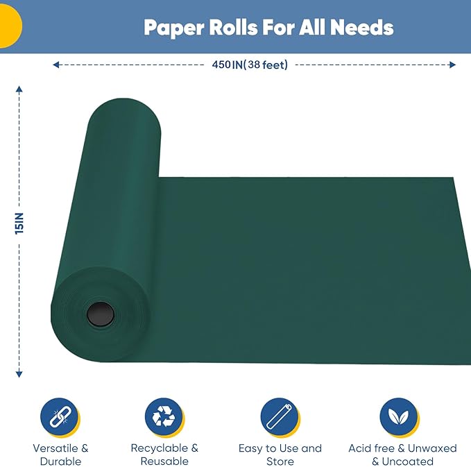 Green Wrapping Paper, 15"x450" Dark Green Kraft Paper Roll Bulletin Board Construction Art Craft Poster Decorative Paper Roll, Arts and Crafts, Christmas Birthday Bouquet Flower Gift Wrap