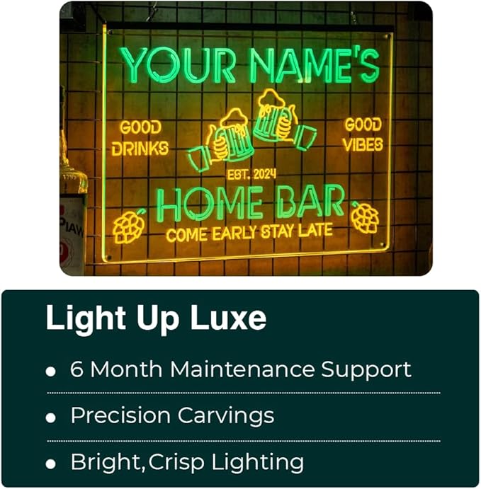 Personalized Guitar Bar Signs with Your Name for home wall light up with personalized pub name, man cave accessories, beer themed neon customizable lighted sign