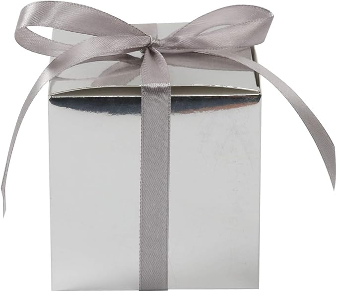 COTOPHER 100pcs Small Gift Boxes, Favor Boxes 2x2x2 inches Paper Gift Boxes with Ribbons Candy Box for Wedding Favors Baby Shower Bridal Shower Birthday Party (100 Metallic Silver)